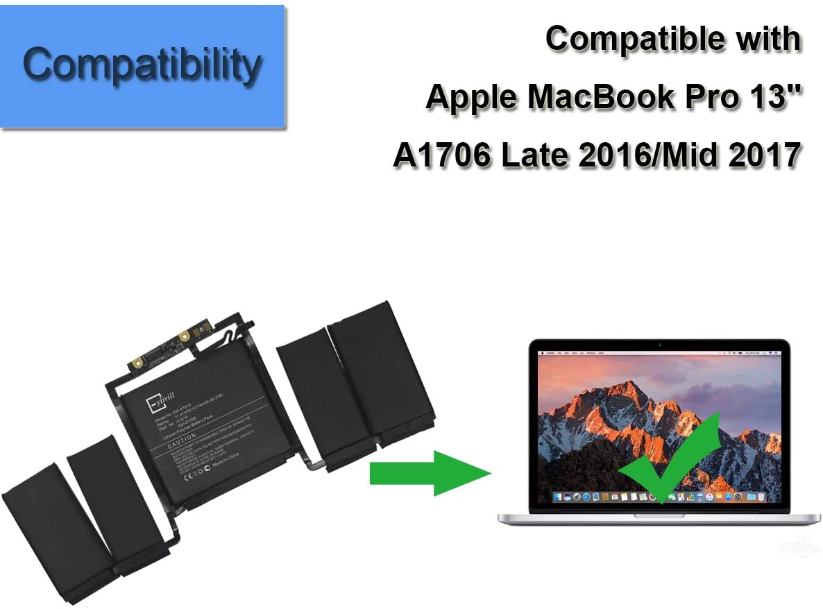 Batería modelo A1819 compatible con Apple MacBook Pro 13 Touch Bar A1706  Late 2016 MLH12LL/A MPXV2LL/A Mid 2017 - Recambios para Apple