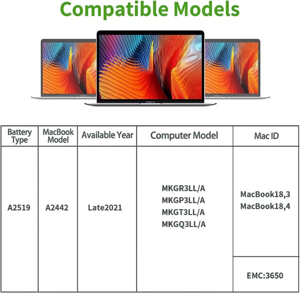A2519 A2442 Batería de portátil, Para MacBook Pro de 14 Pulgadas (Finales de 2021), EMC3650, MKGR3LL/A MKGP3LL/A MKGQ3LL/A - Imagen 2